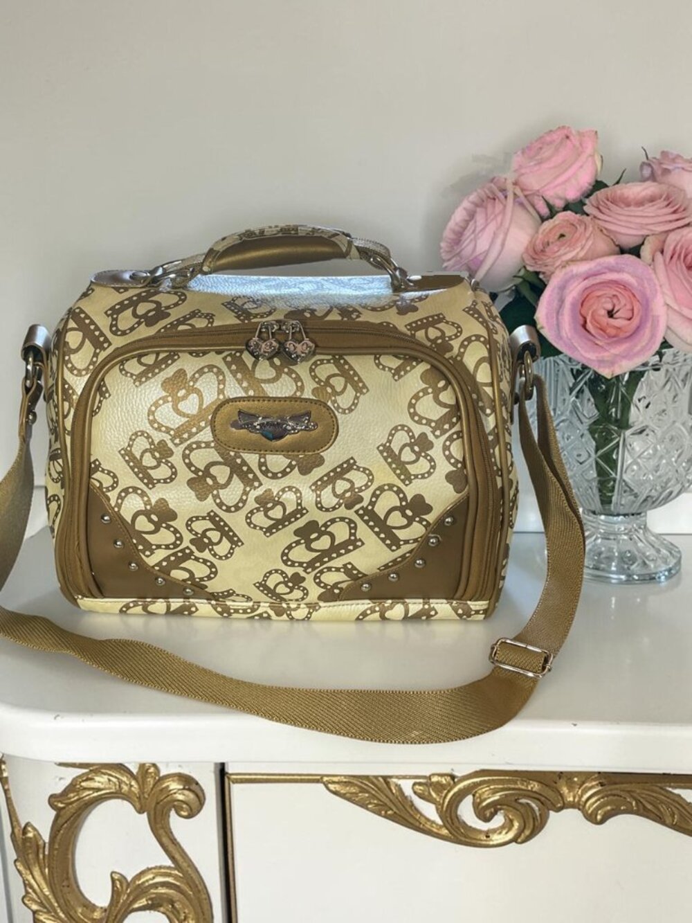 Vintage Y2K Kathy Van Zeeland Crown Print Carry On / Overnight Bag